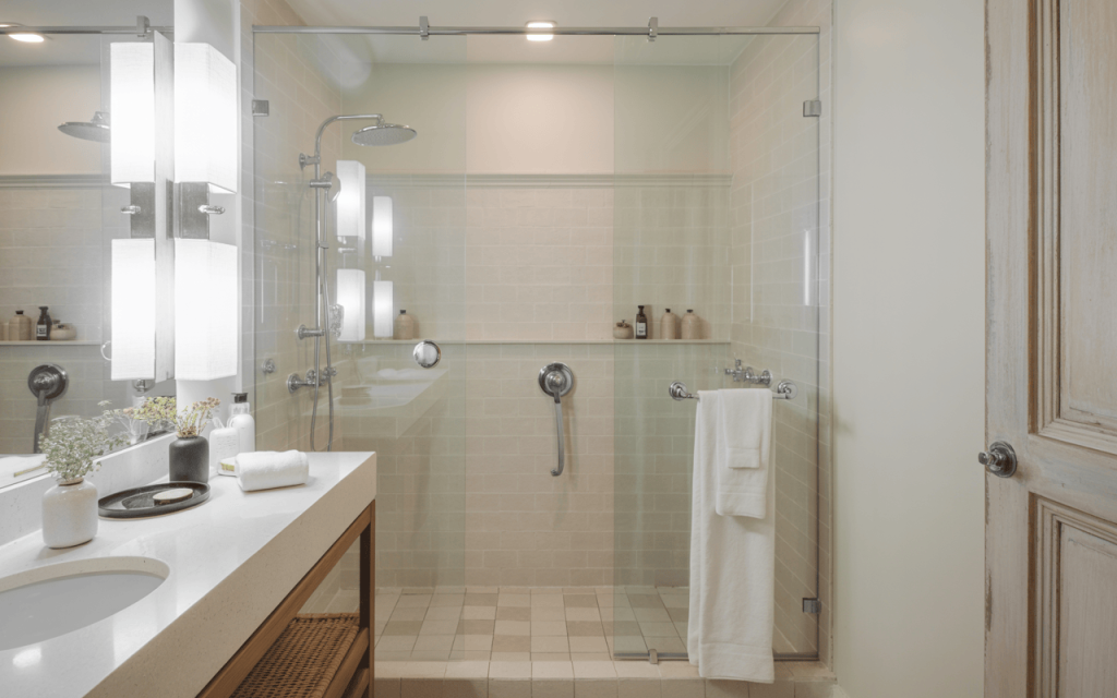 Elegant guest bathroom shower ideas with glass enclosure and bright minimalist decor