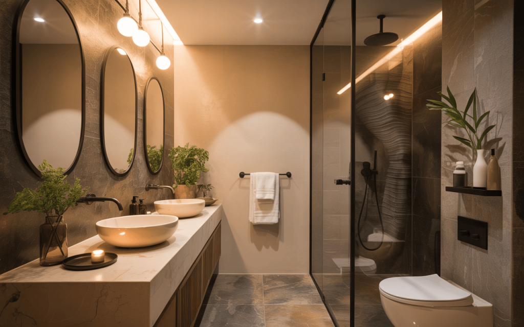 Elegant modern bathroom shower ideas with warm lighting and minimalist interior style