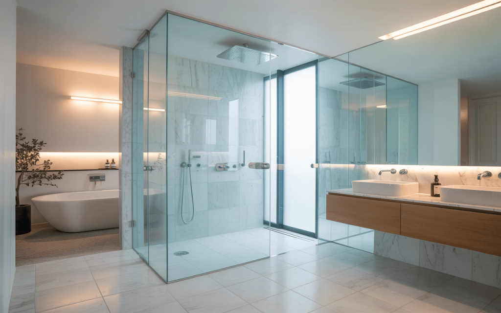 Luxurious modern bathroom shower ideas with glass enclosure and soft warm lighting