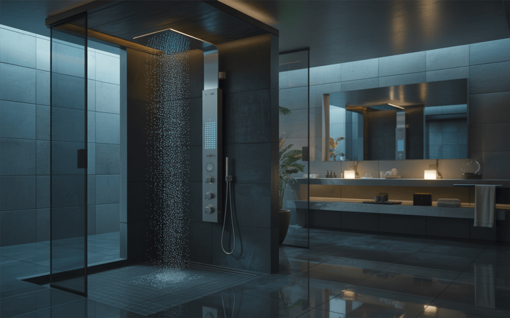 Luxury new bathroom shower designs with glass walls and modern blue ambient lighting