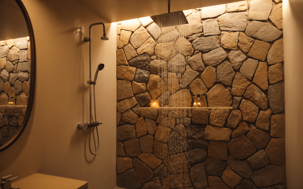 Cozy rustic bathroom shower ideas with stone walls warm lighting and rainfall shower