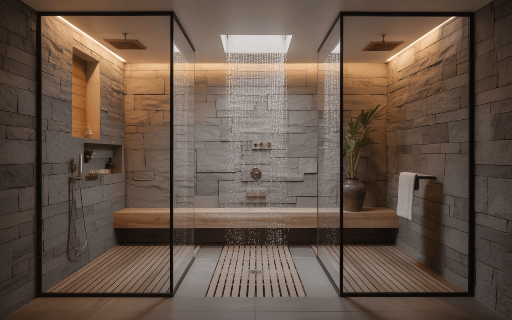 Cozy rustic bathroom shower ideas with stone walls warm lighting and wooden floors