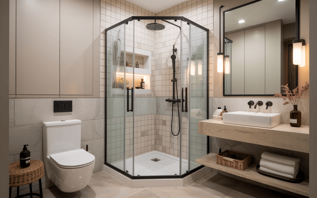 Elegant small bathroom shower design ideas with glass enclosure and warm lighting