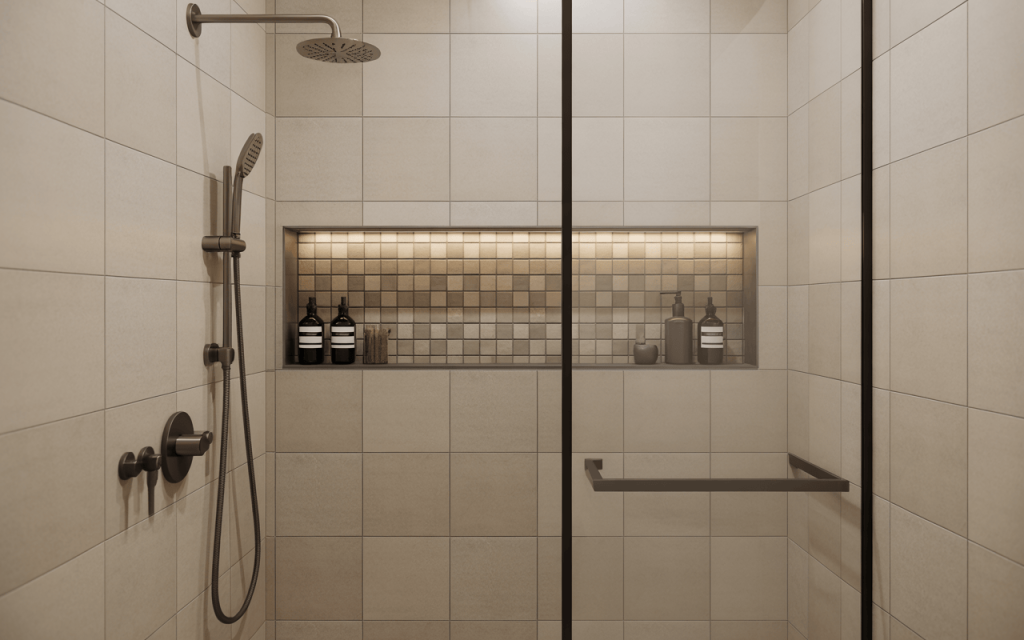 Compact small bathroom shower design ideas with modern tiles and warm lighting