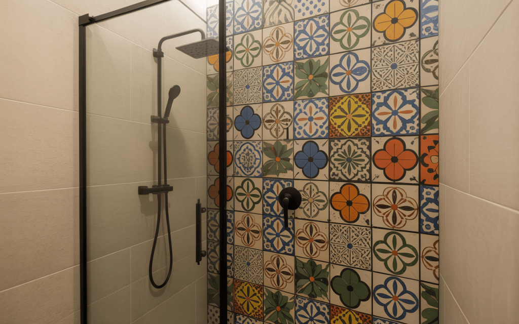 Colorful bathroom shower design ideas with patterned tiles and black shower fixtures