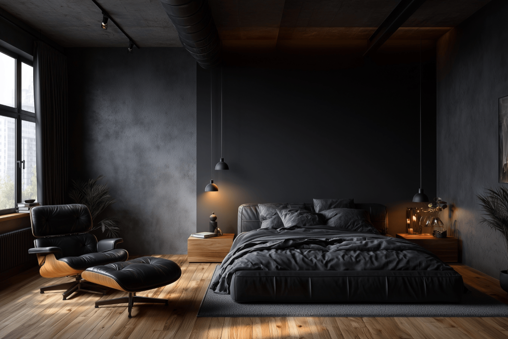 Luxurious master bedroom design trends with dark tones and modern industrial elegance