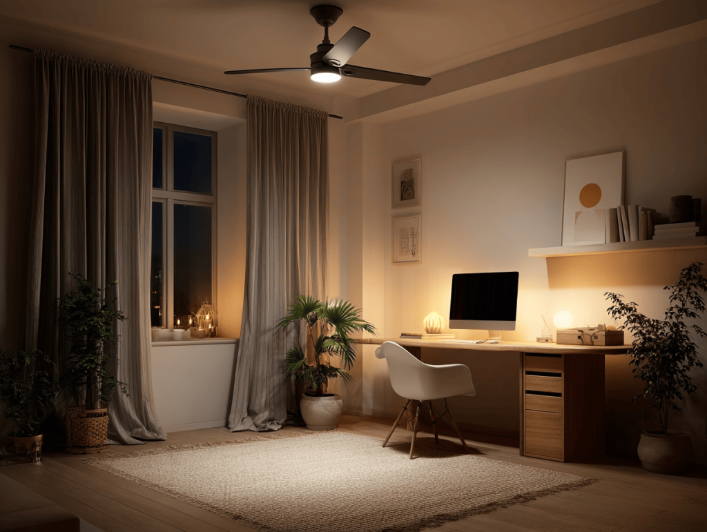 Cozy master bedroom design trends with warm lighting and elegant minimalist workspace