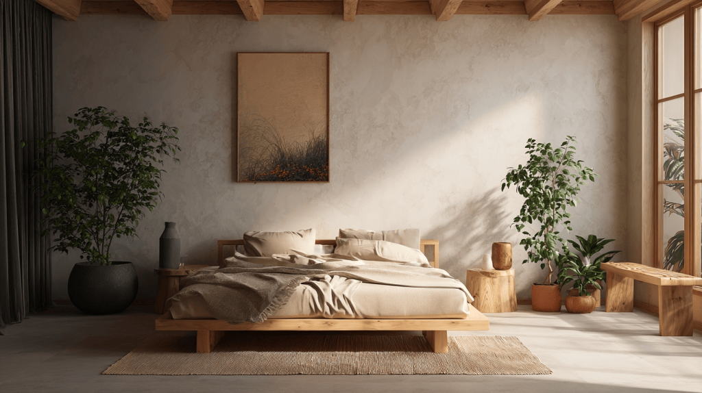 Natural wood master bedroom design trends with earthy tones and organic textures