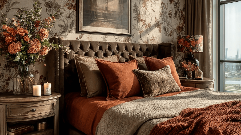Luxurious master bedroom design trends with warm earthy tones and floral textures