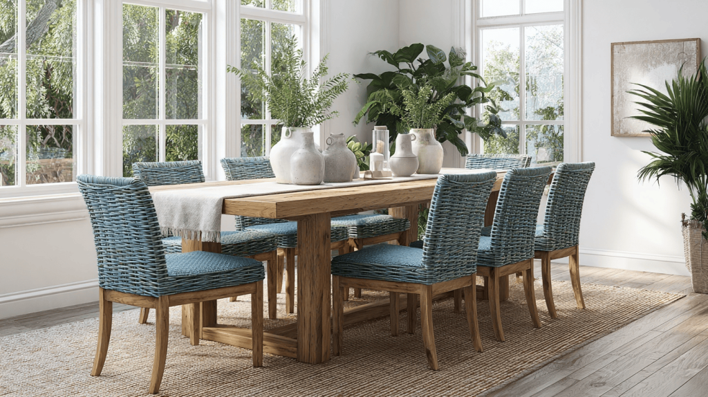 Bright dining table trends with natural wood setup and blue woven chairs