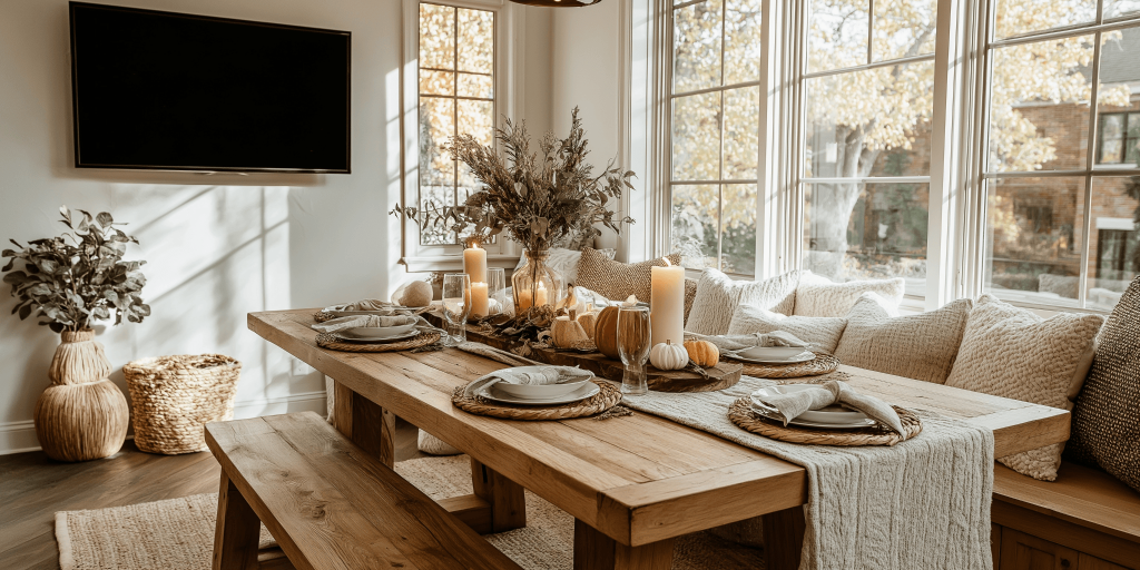 Cozy new trend dining table with rustic wood finish and warm natural accents