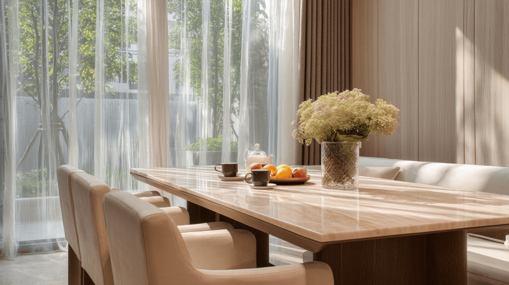 Modern dining table trends 2026 with beige chairs and soft natural lighting