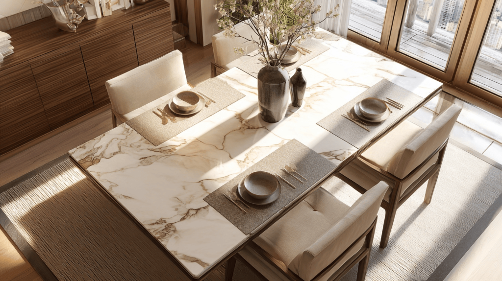 Elegant latest dining table trends with marble finish and soft beige chairs