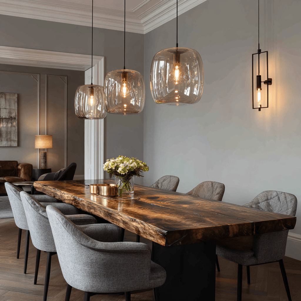 Chic trending dining table design with wooden finish and elegant pendant lights