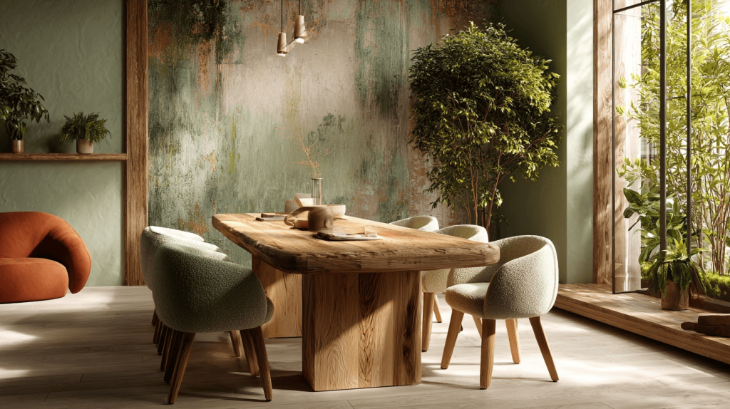 Rustic new trend dining table with natural wood texture and earthy modern decor