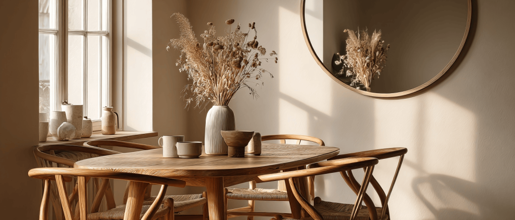 Minimalist trending dining table with wooden finish and natural earthy decor