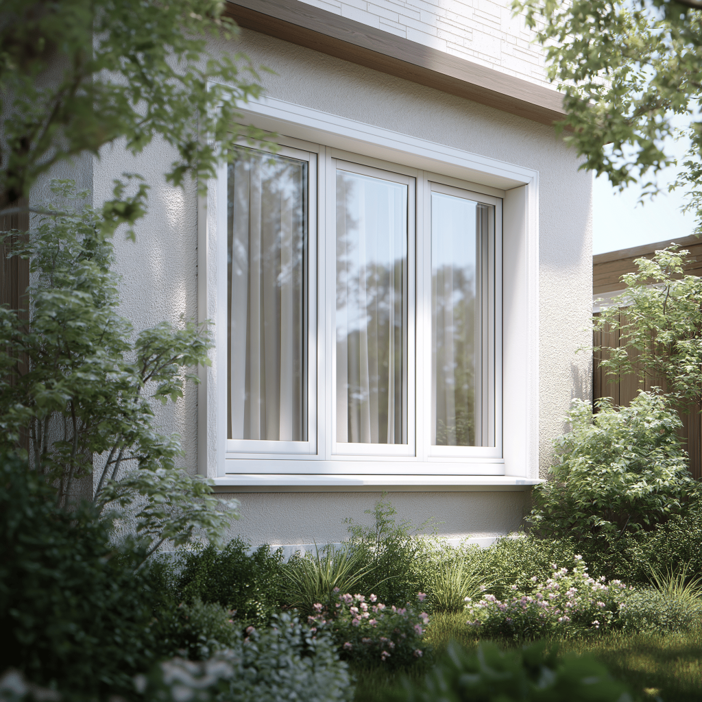 Simple sliding window design with white frame overlooking lush green garden