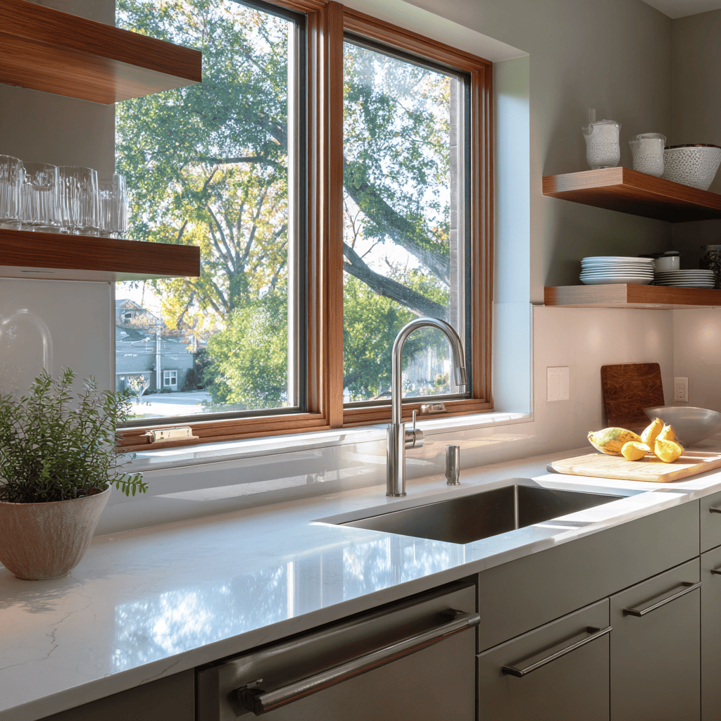 Modern kitchen sliding window design with wooden frame and natural daylight view