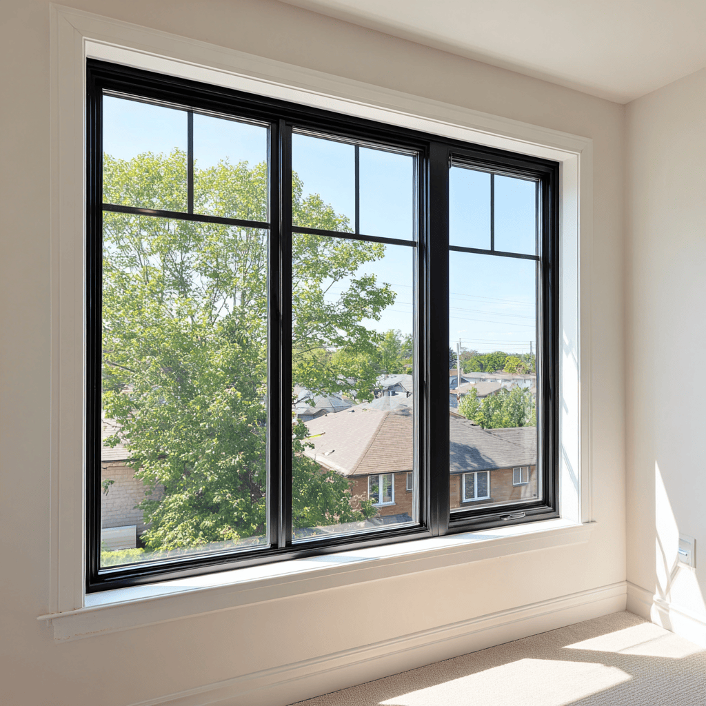 Elegant house sliding window design with black aluminum frame and outdoor garden view