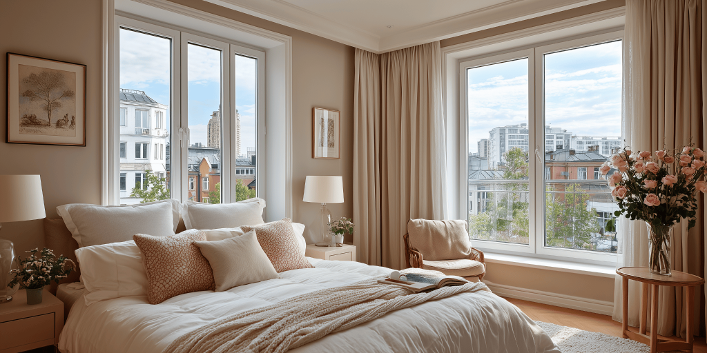 Cozy sliding window design for bedroom with soft lighting and elegant city view