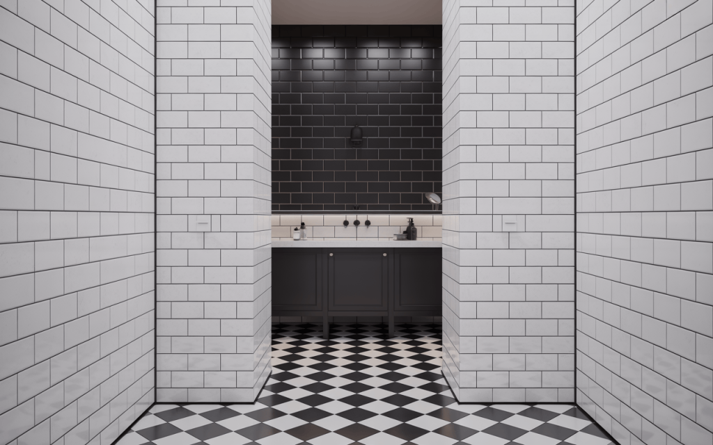 Elegant black and white bathroom wall tiles design with a classic checkered floor