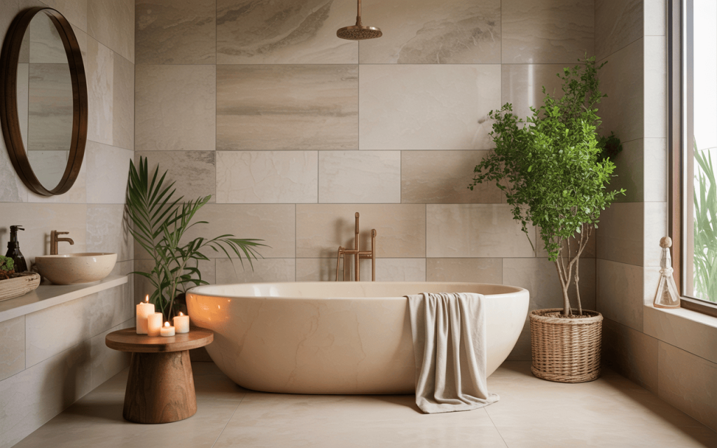 Elegant best bathroom wall tiles design with natural stone finish and spa-style decor