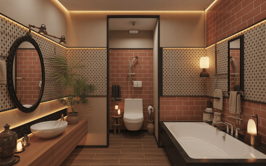 Stylish bathroom wall tiles design ideas with brick accents and warm ambient lighting