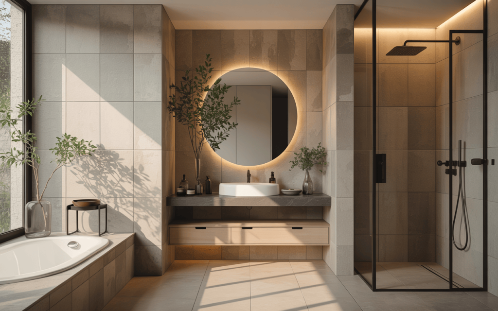 Stylish latest bathroom wall tiles design with soft lighting and modern interior