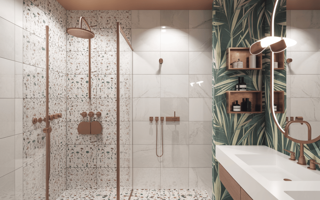 Trendy latest bathroom wall tiles design with terrazzo tiles and tropical wallpaper