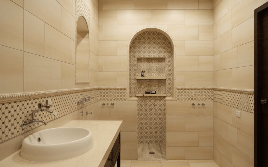 Elegant simple bathroom wall tiles design with beige tones and arched shower niche