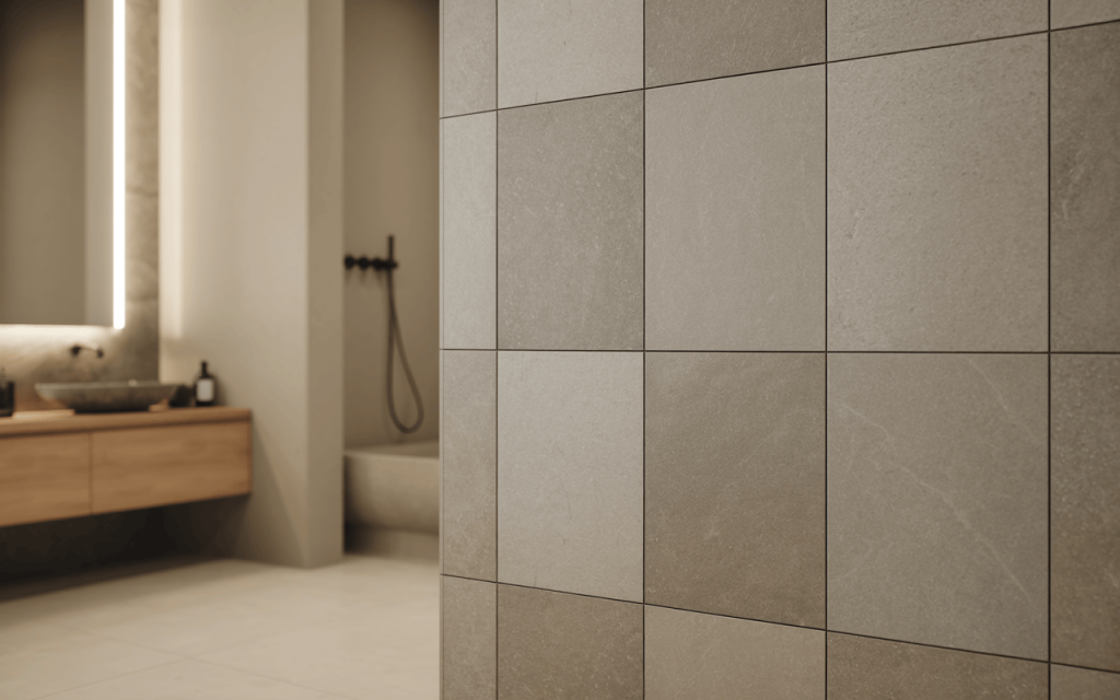 Elegant simple bathroom wall tiles design with warm lighting and natural tones