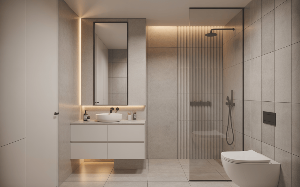 Modern small bathroom wall tiles design with warm lighting and minimalist style