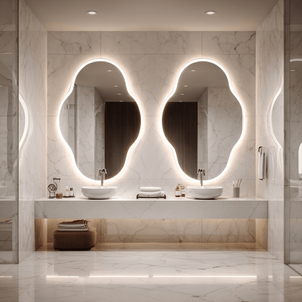 Luxury latest bathroom mirror trends featuring sculpted LED mirrors in a modern marble vanity