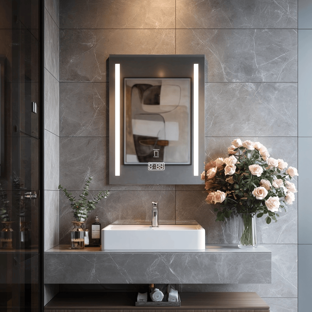 Elegant trending bathroom mirrors with smart LED display and modern grey vanity