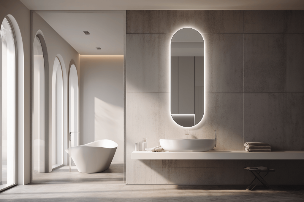 Trending bathroom mirrors defining minimalist luxury with soft LED glow and modern vanity