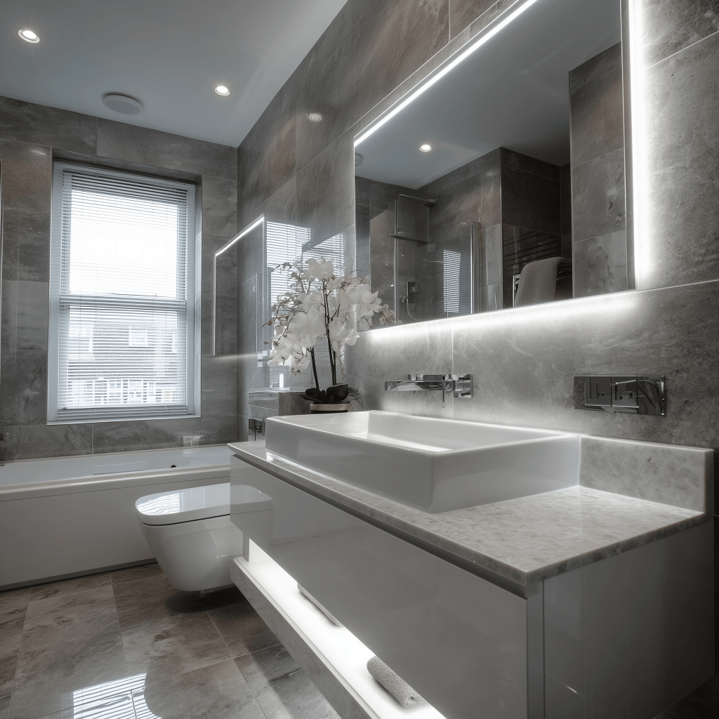Modern latest bathroom mirror trends with LED lighting in a luxury minimalist bathroom
