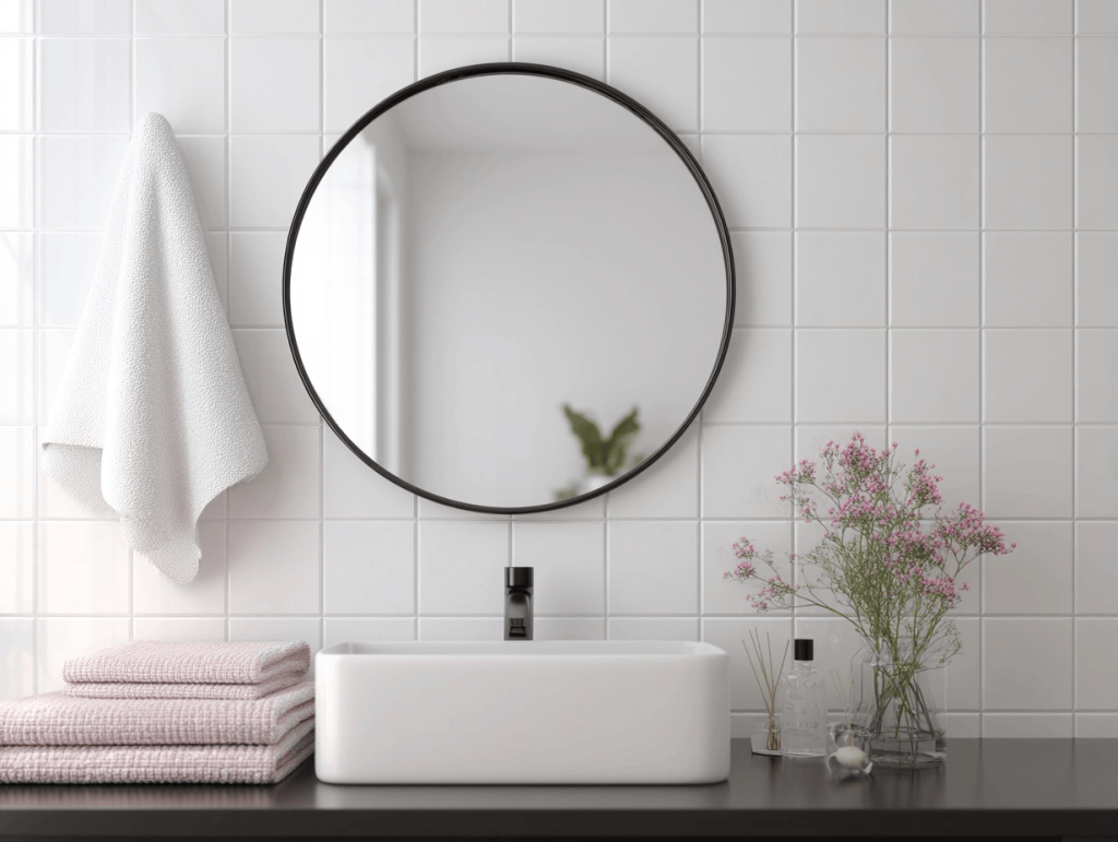 Modern bathroom mirror trends 2026 minimalist round mirror with white tiled vanity