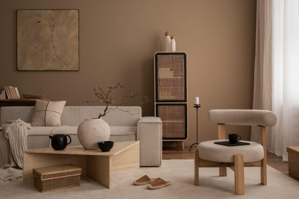 Minimal furniture design trends 2026 showing neutral living room with cozy decor