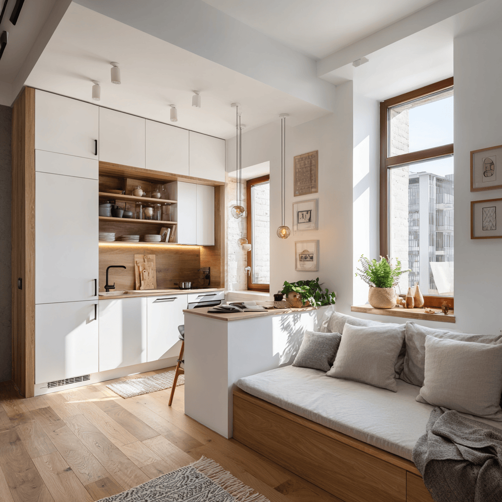 Spacious home interior utilizing durable flooring and cabinetry materials