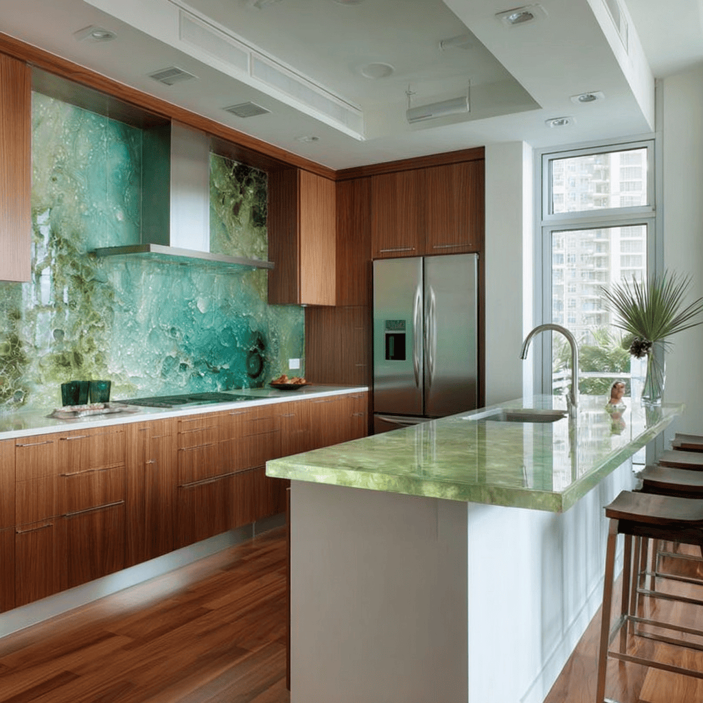 Contemporary kitchen design utilizing glass and glossy finishes from our interior design materials list