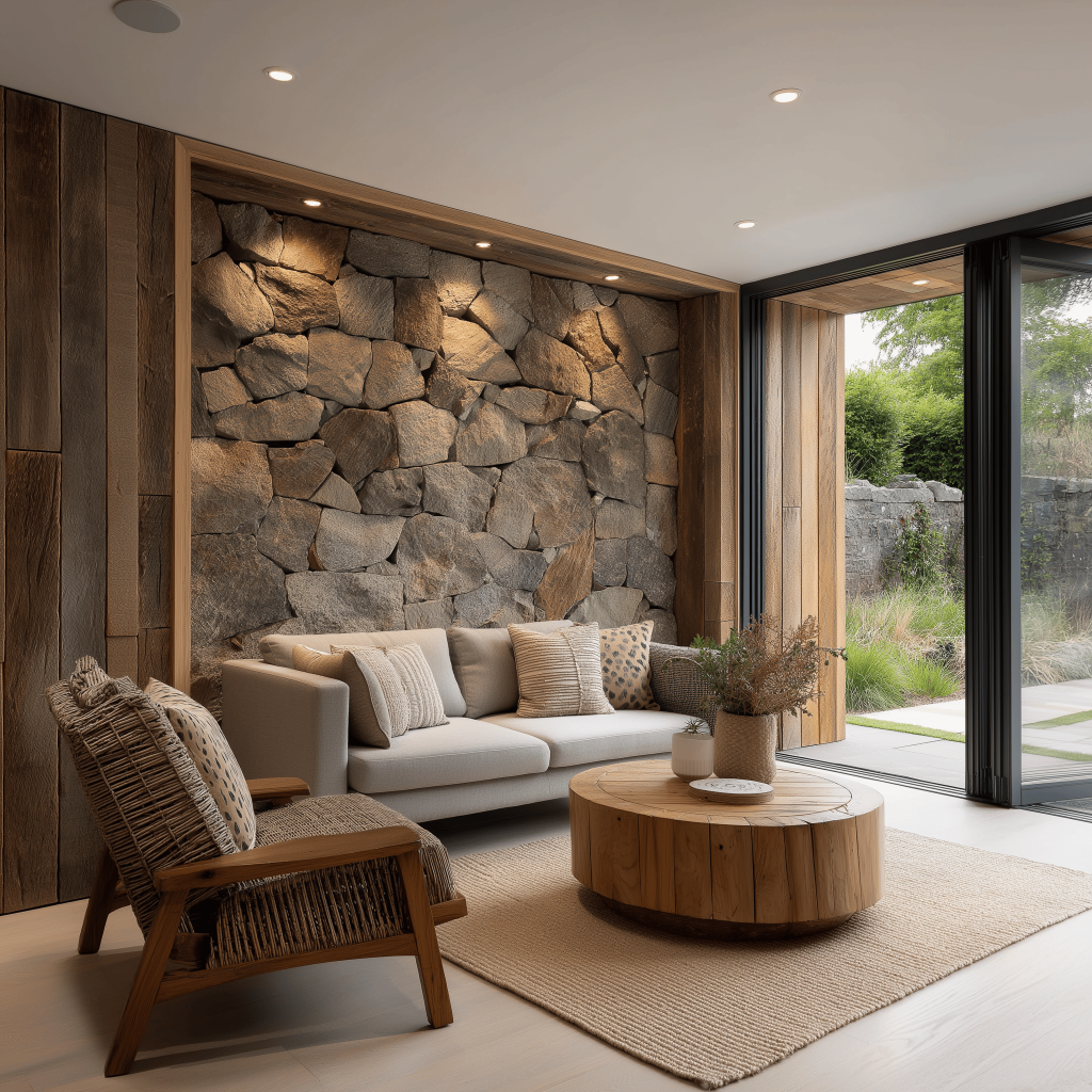 Living room featuring natural stone cladding, a popular choice in house interior design materials