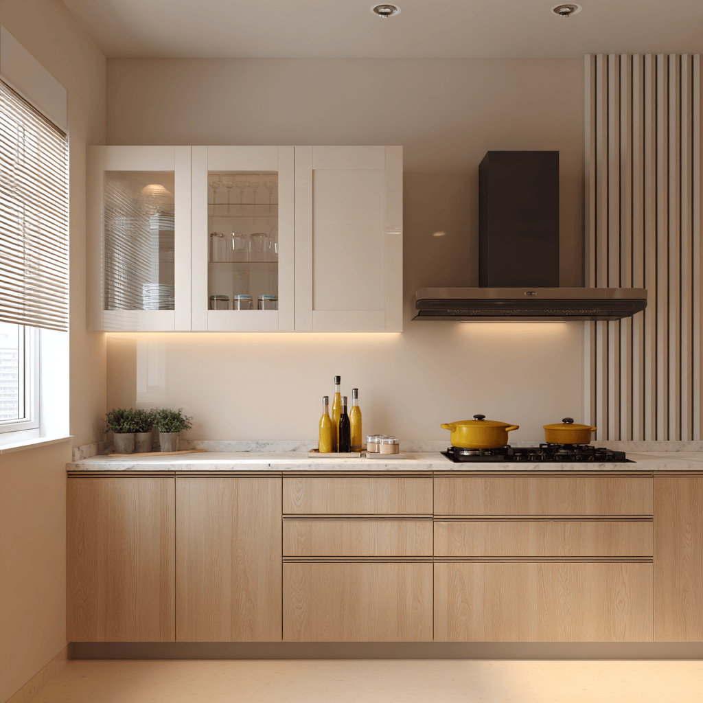Green L-shaped cabinet layout showing options for low cost modular kitchen design
