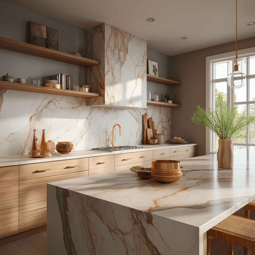 Simple kitchen design featuring open shelving to display decor and make the space feel airier