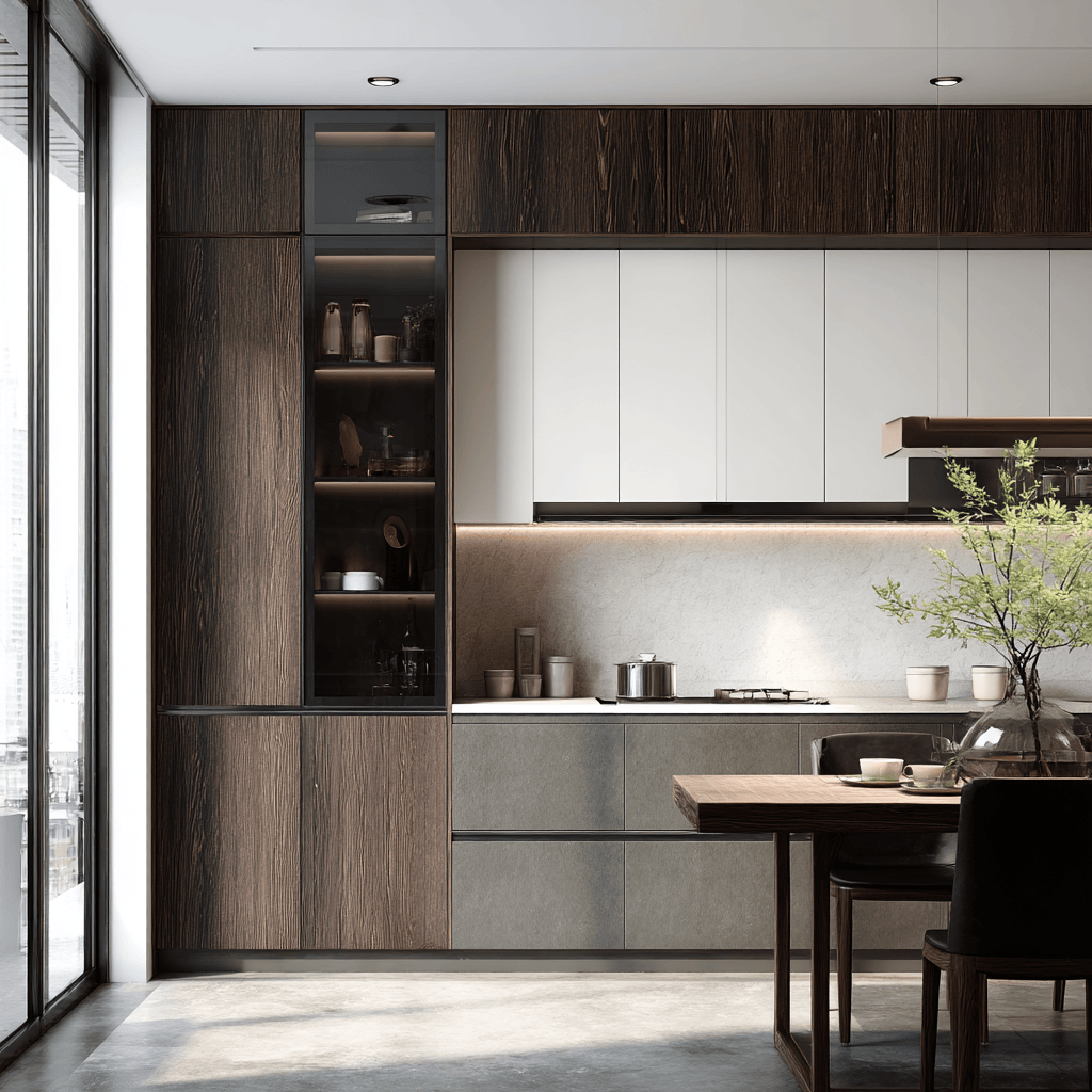 Kitchen interior design with a parallel layout, maximizing storage and efficiency in a narrow space