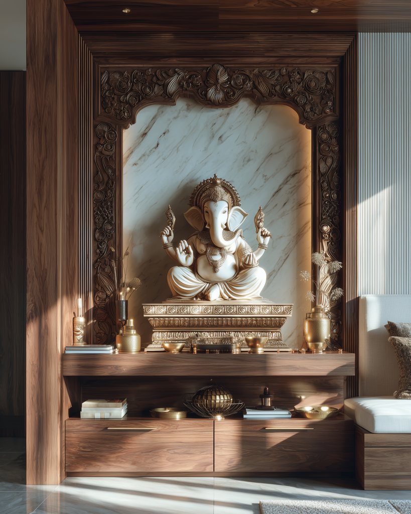 Latest design of pooja room with marble backdrop and wooden carved framing