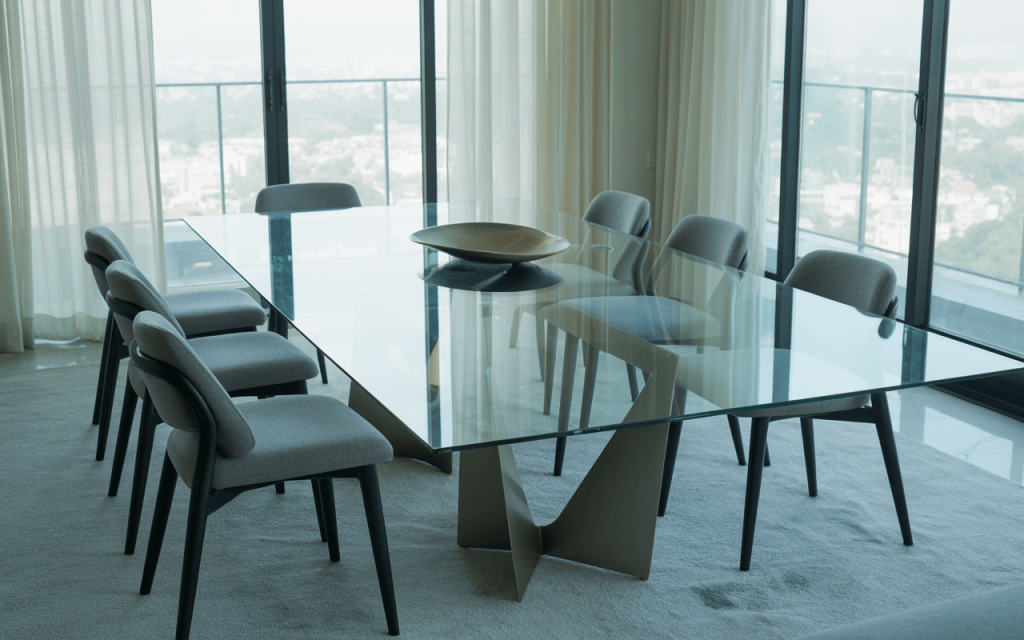 Stylish glass modern dining table design with sleek chairs and city view