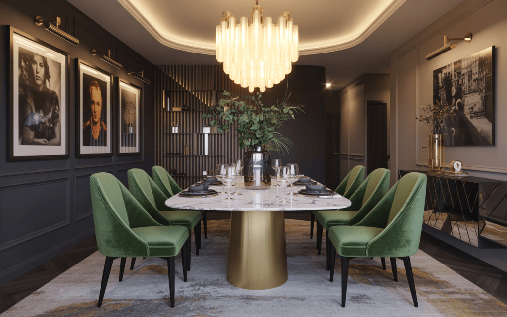 Chic luxury modern dining table design with green chairs and golden chandelier