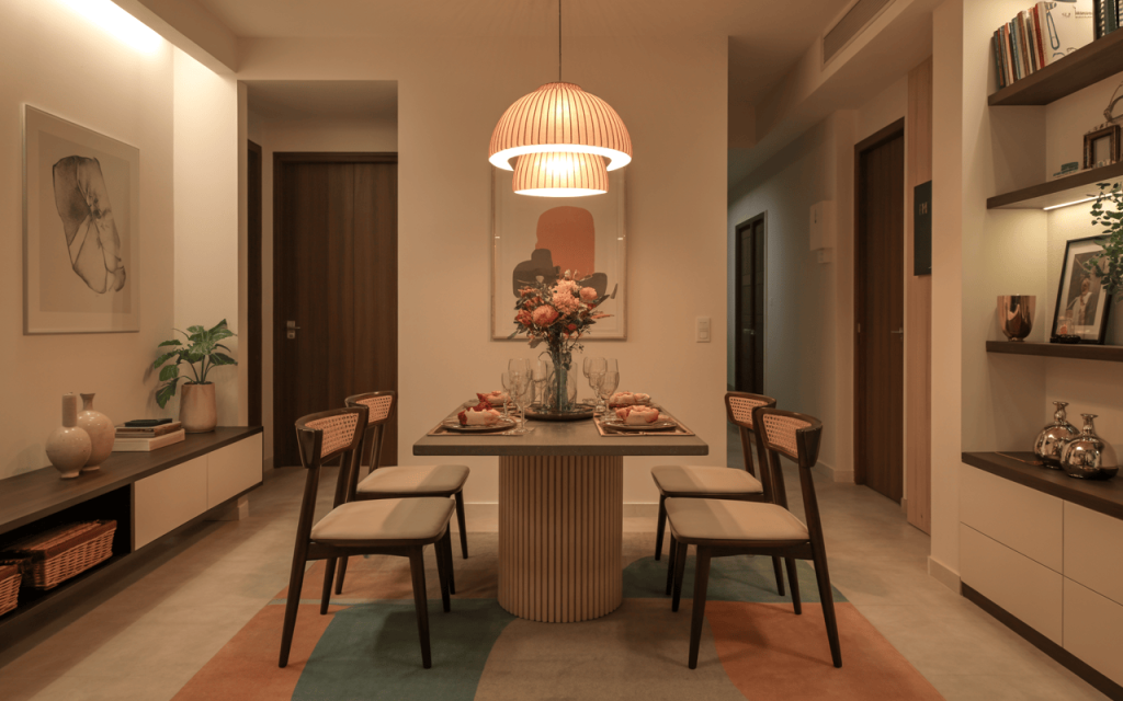 Elegant modern dining table design with warm lighting and cozy decor setup