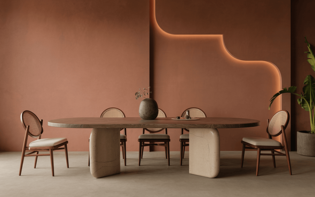 Stylish latest modern dining table design with earthy tones and artistic decor