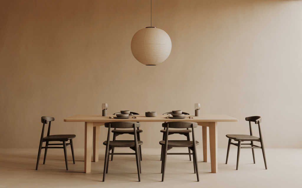 Elegant modern simple dining table design with minimalist wood setup and decor